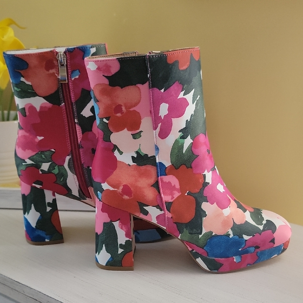 Colorful Floral Ankle Booties Chunky Heel - Picture 4 of 10